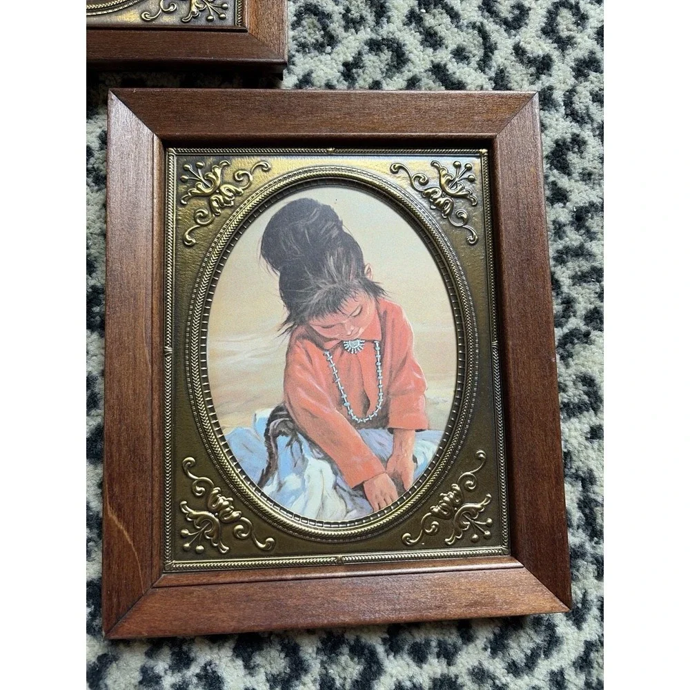 Set‎ 3 VTG Style Framed Prints Southwestern Girls Wood Brass Frame 9.75x7.75